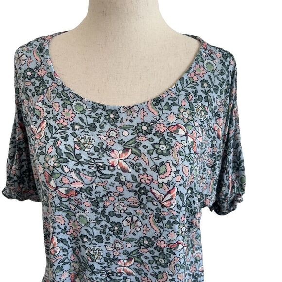 LOFT Floral + Butterfly Print Short Sleeve Rayon Top Small Pastel Pink + Blue - Picture 2 of 8